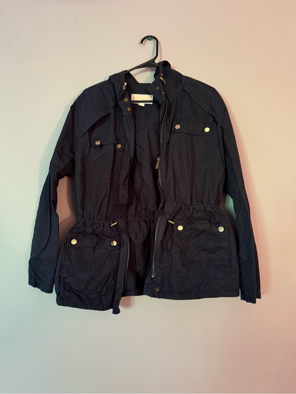 Michael Kors Navy Utility Jacket with Drawstring Waist and Snap Pockets